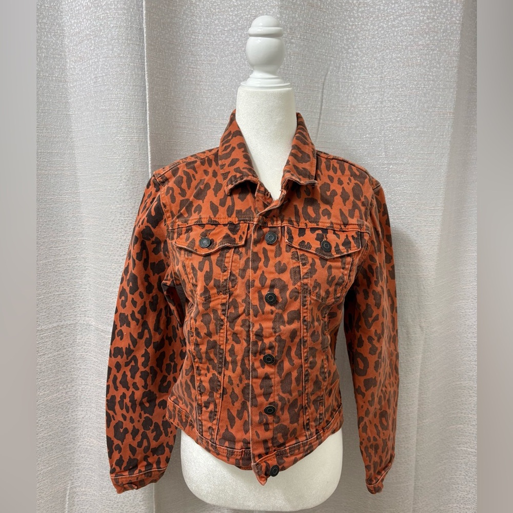 Kensie Women’s Women’s Orange Leopard Print Denim Jacket | Size Small Grunge 90s
